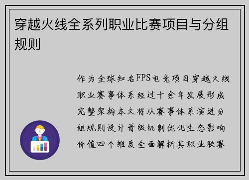 穿越火线全系列职业比赛项目与分组规则