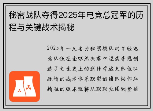 秘密战队夺得2025年电竞总冠军的历程与关键战术揭秘