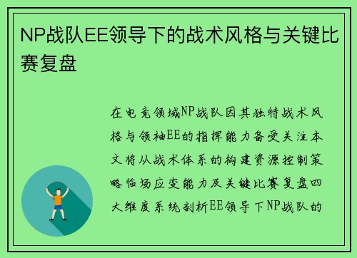 NP战队EE领导下的战术风格与关键比赛复盘