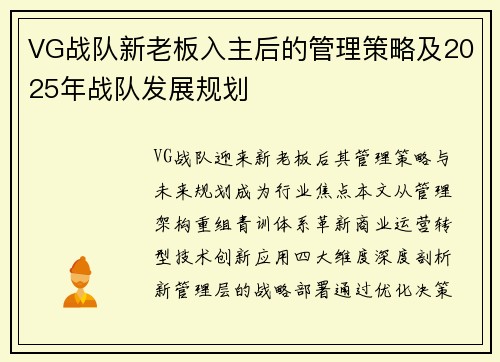 VG战队新老板入主后的管理策略及2025年战队发展规划